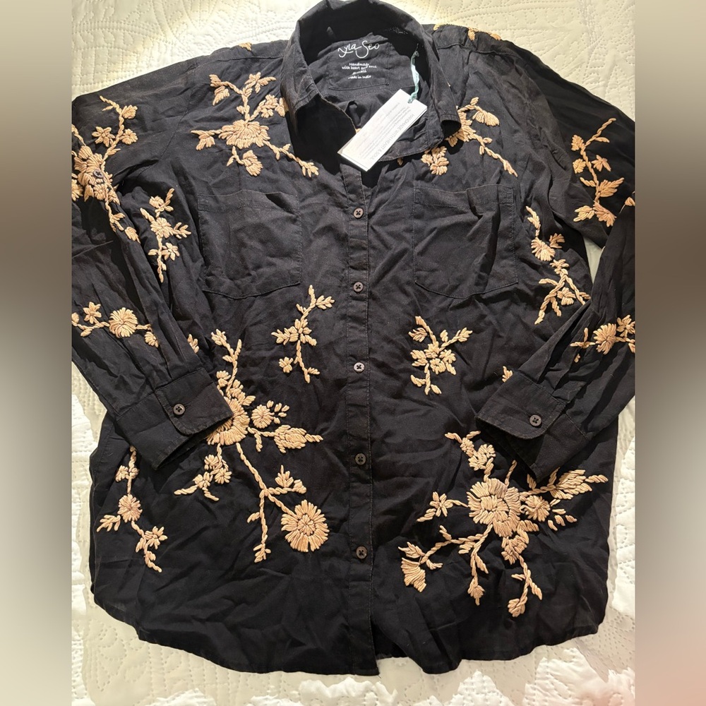 Black Embroidered Button-Up Shirt -